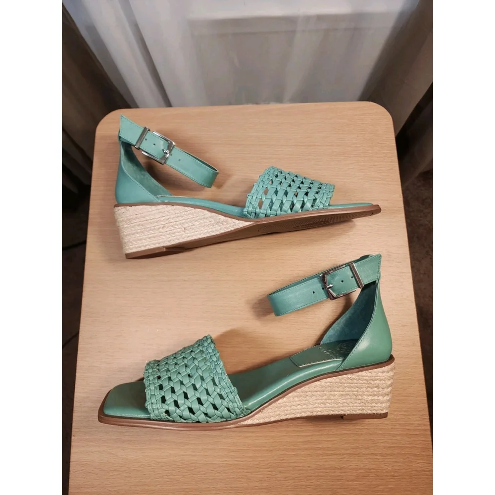 Vince Camuto OCEANA GREEN Leather Net Low Ankle Strap Espadrille Wedge SZ 9 Wide